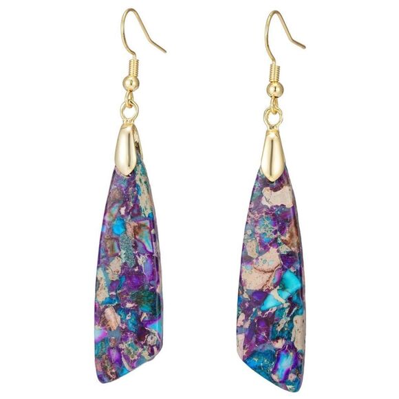 18K Yellow Gold with Natural Imperial Purple Blue Jasper Stone Hook Earrings - Picture 1 of 6